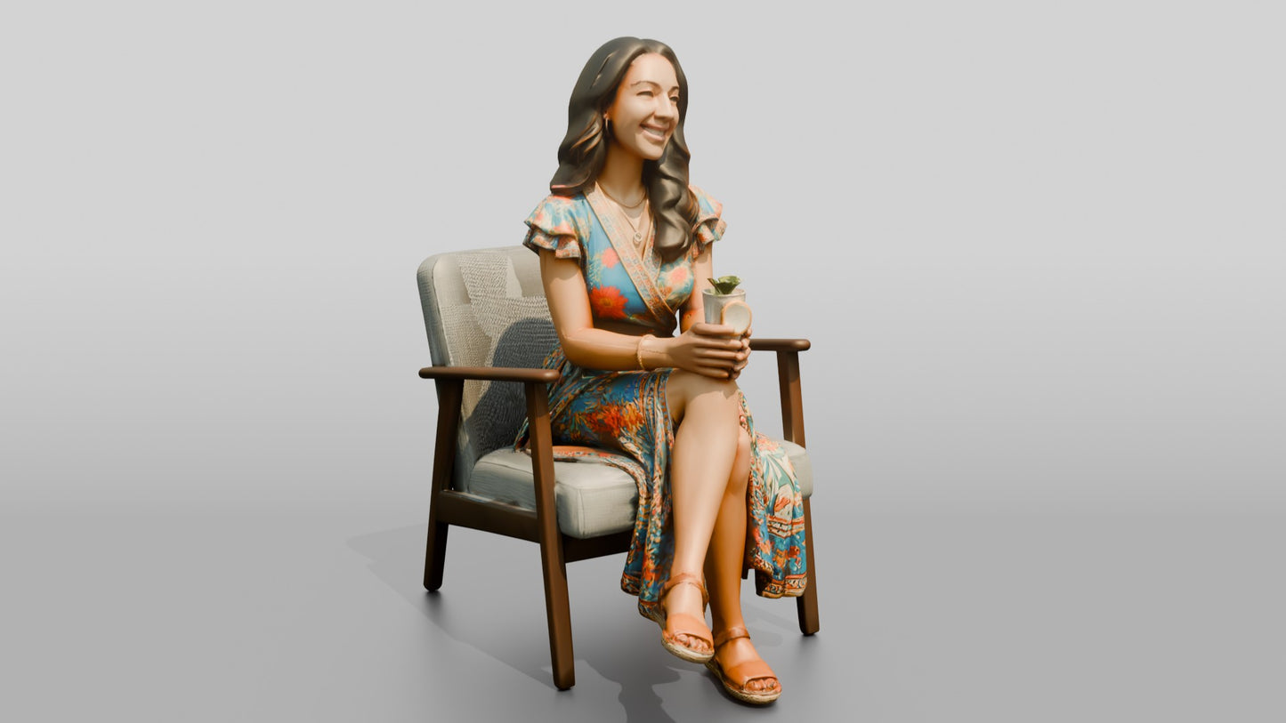 Latina Woman in Wrap Dress with Cold Drink