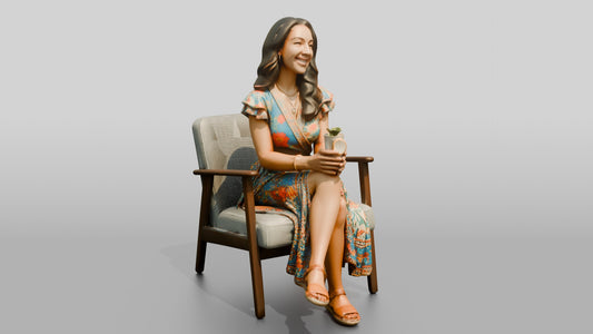Latina Woman in Wrap Dress with Cold Drink - 3D character model, view 1
