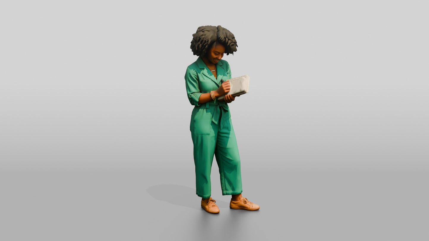 Woman Reading a Document in a Jumpsuit