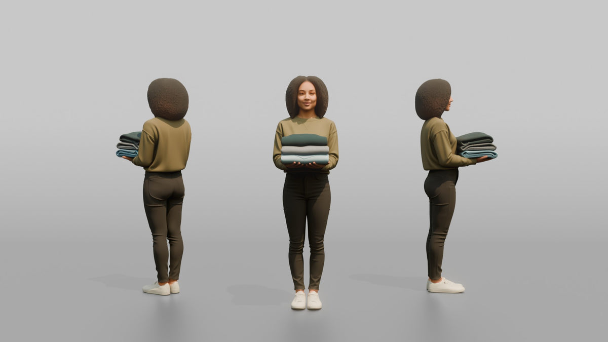 Woman Customer Holding A Folded Stack Of Clothes - 3D character model, view 1