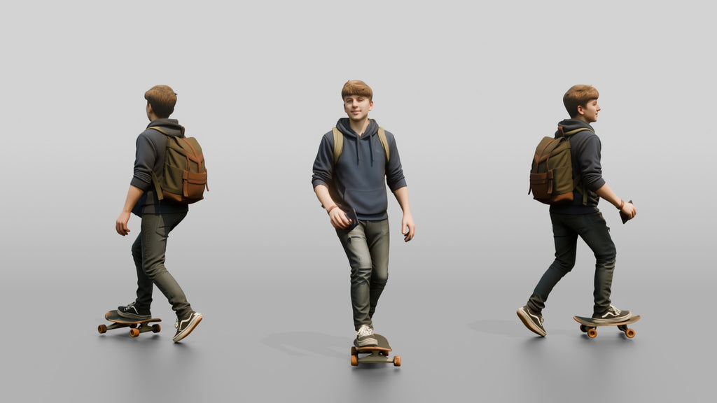 Teen Boy Riding Skateboard with Backpack and Phone