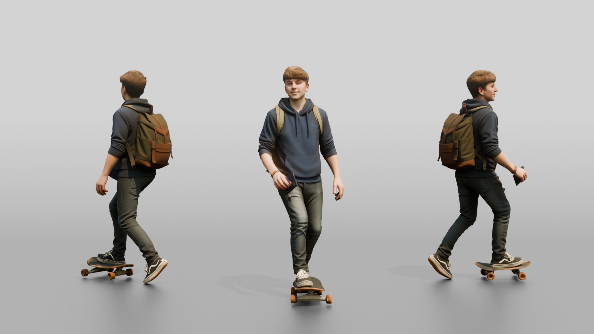 Teen Boy Riding Skateboard with Backpack and Phone