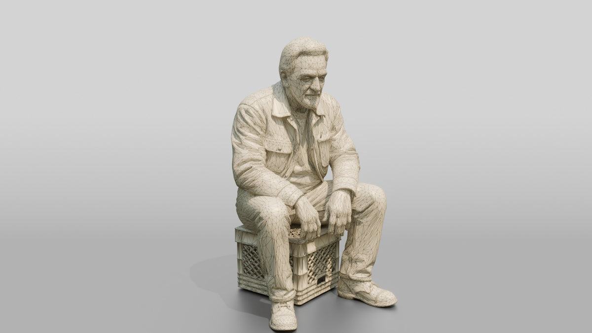Homeless Man Sitting on a Milk Crate - wireframe topology preview