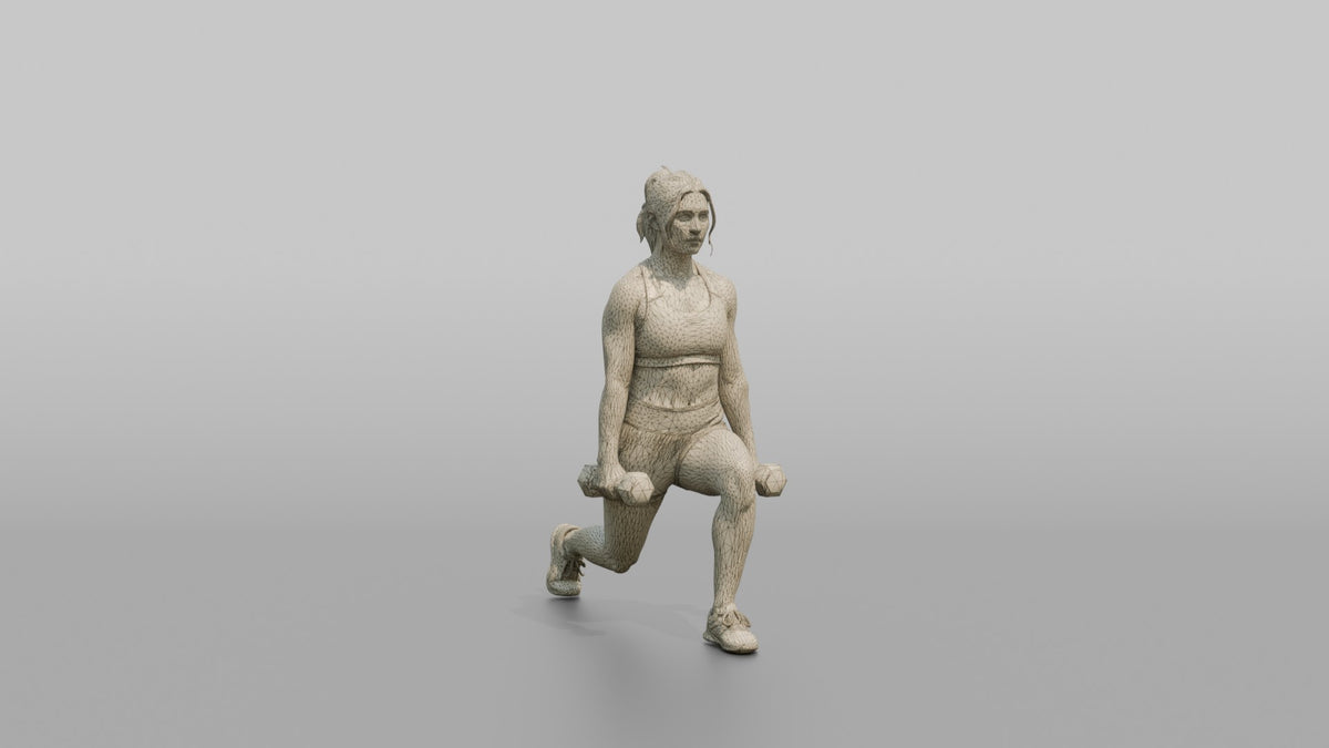 Weightlifter Woman Holding Two Dumbbells At The Sides Mid-lunge - wireframe topology preview