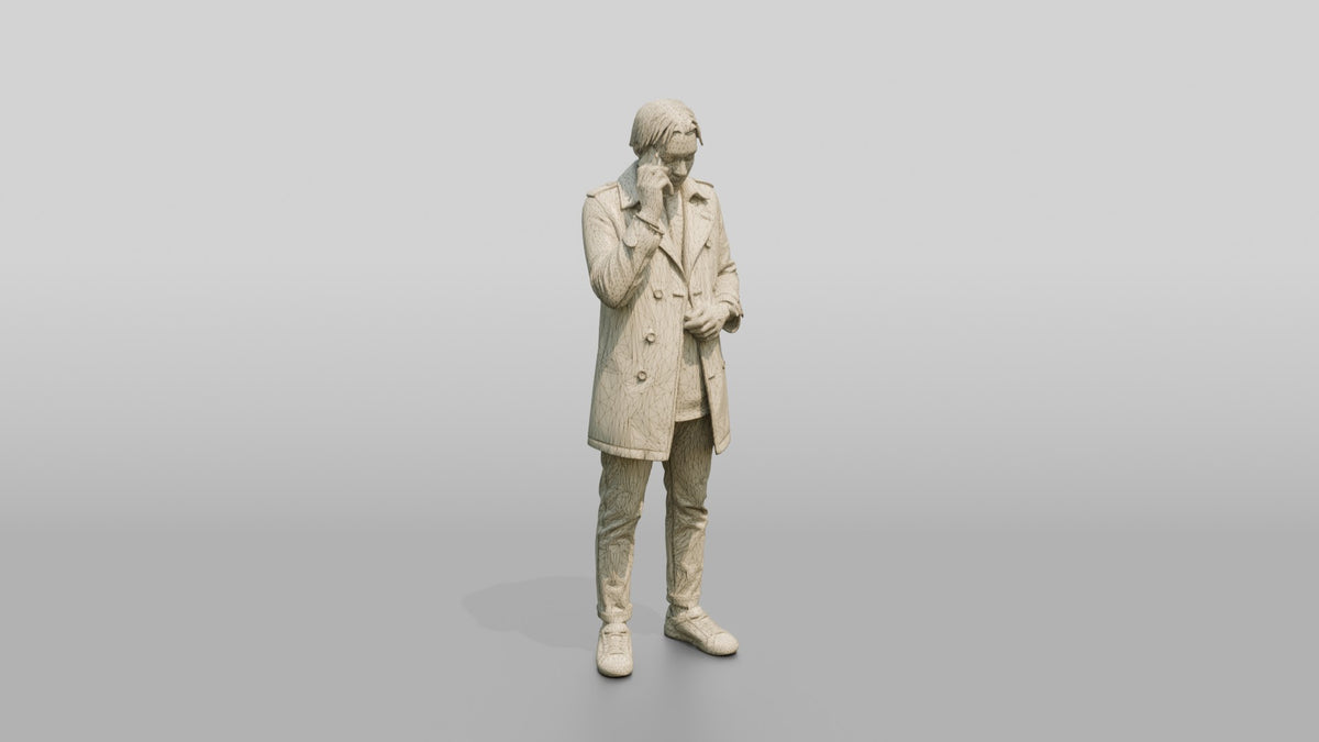 Stylish African Man in a Trench Coat on His Phone - wireframe topology preview