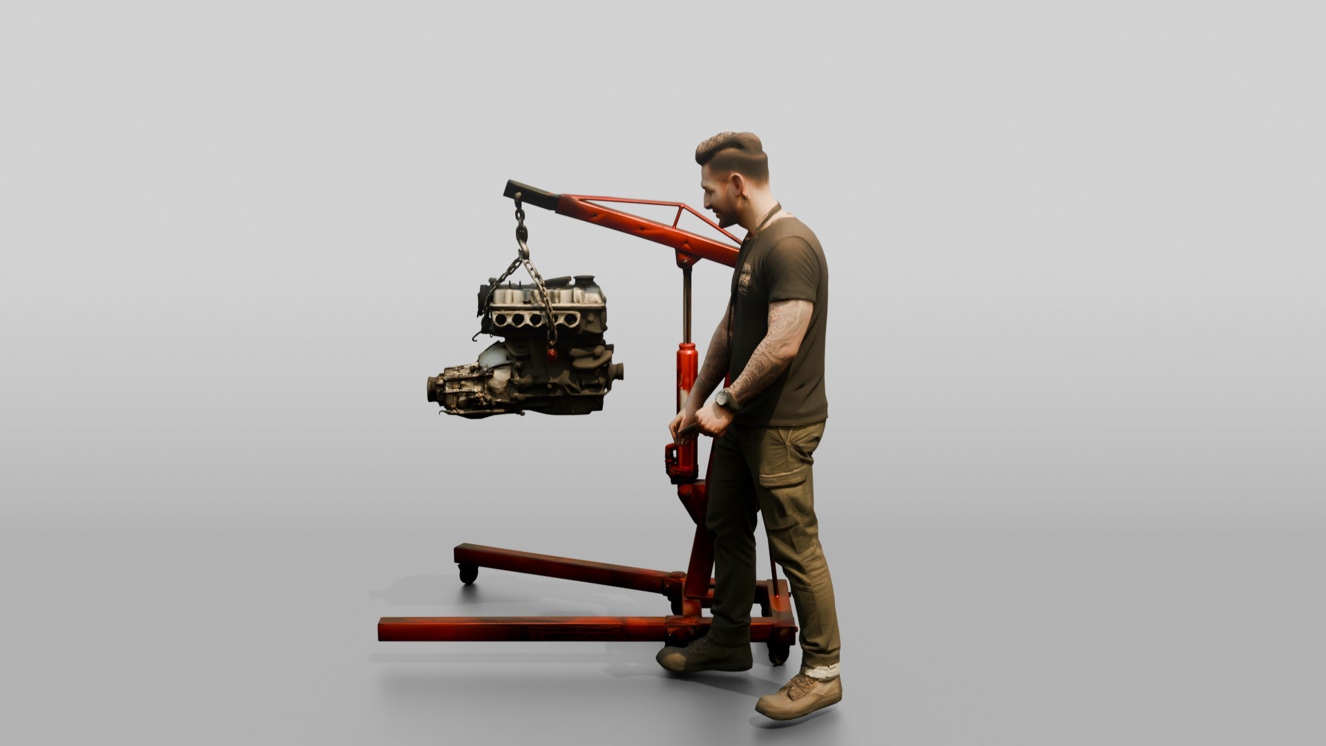 Mechanic Operating an Engine Crane