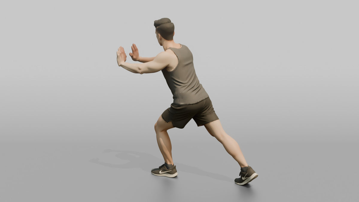 Fitness Influencer Man Doing A Calf Stretch Against An Invisible Wall - 3D character model, view 3