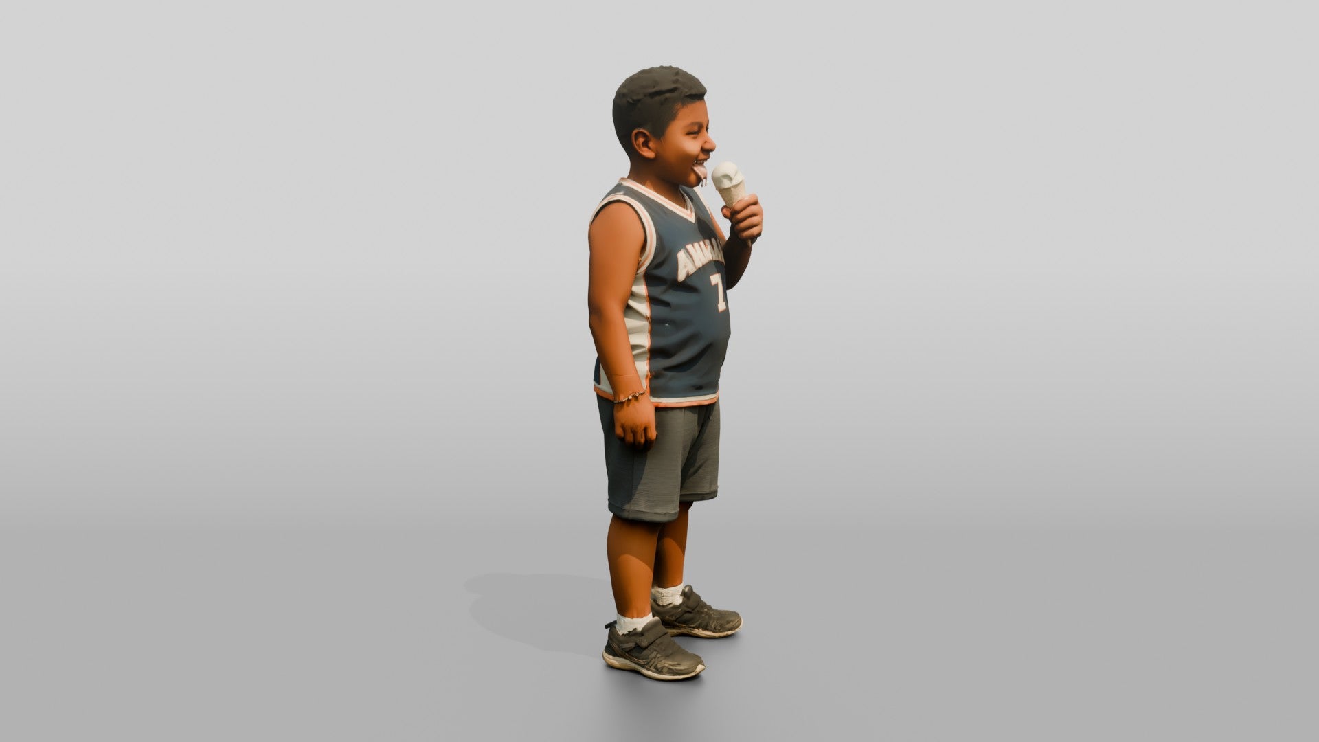 Stocky Young Jordanian Boy Eating an Ice Cream Cone