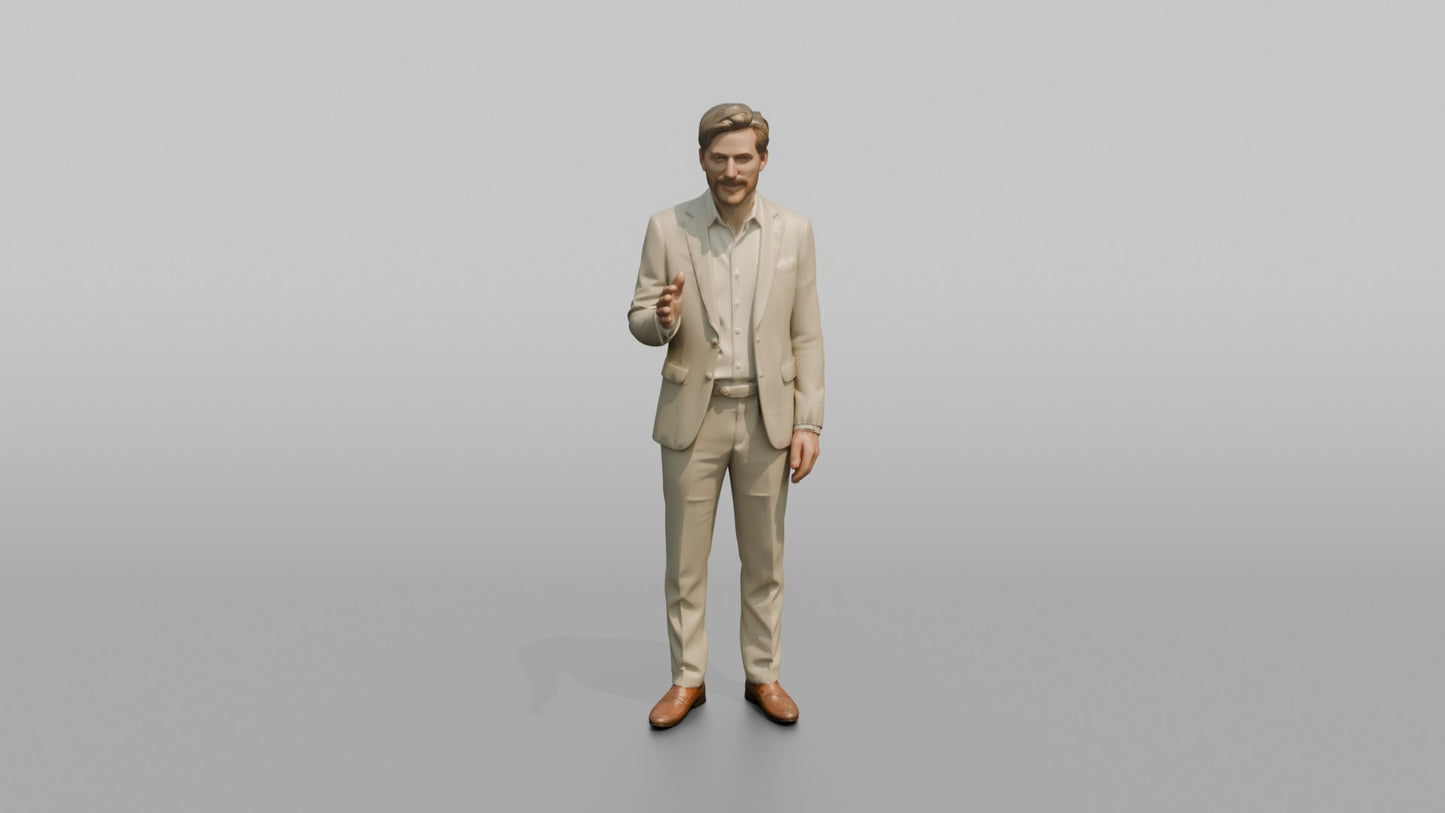 European Man in a Linen Suit, Gesturing Mid-Conversation