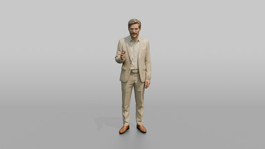 European Man in a Linen Suit, Gesturing Mid-Conversation - 3D character model, view 1