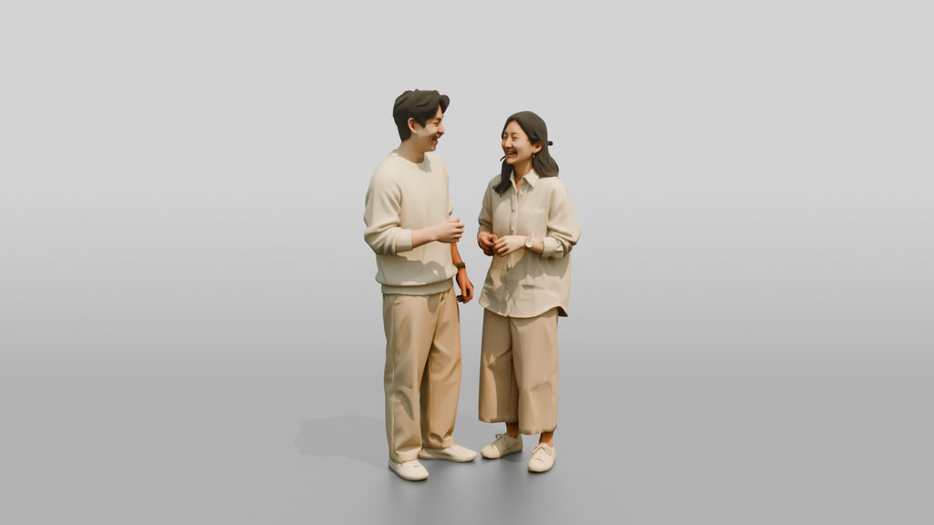 Laughing Couple in Coordinated Cream Outfits