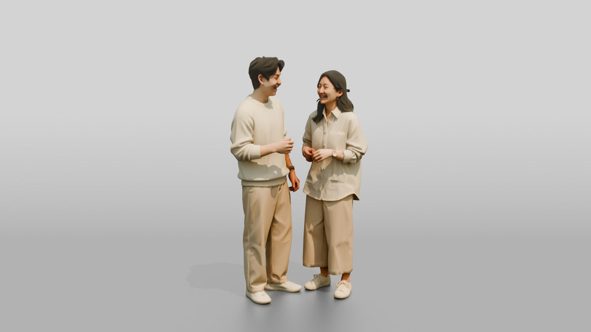 Laughing Couple in Coordinated Cream Outfits - 3D character model, view 1