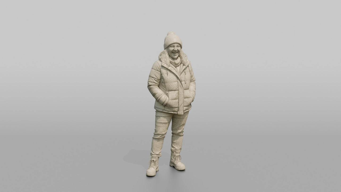 British Woman Laughing in a Puffer Jacket