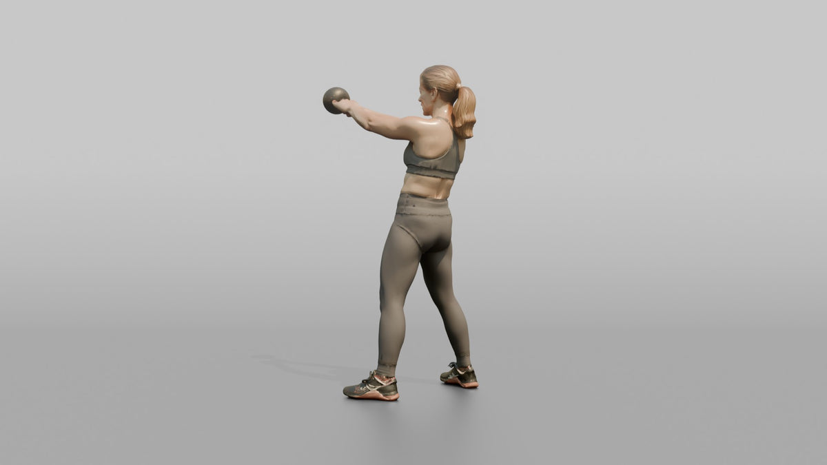 Weightlifter Woman Performing A Kettlebell Swing - 3D character model, view 3