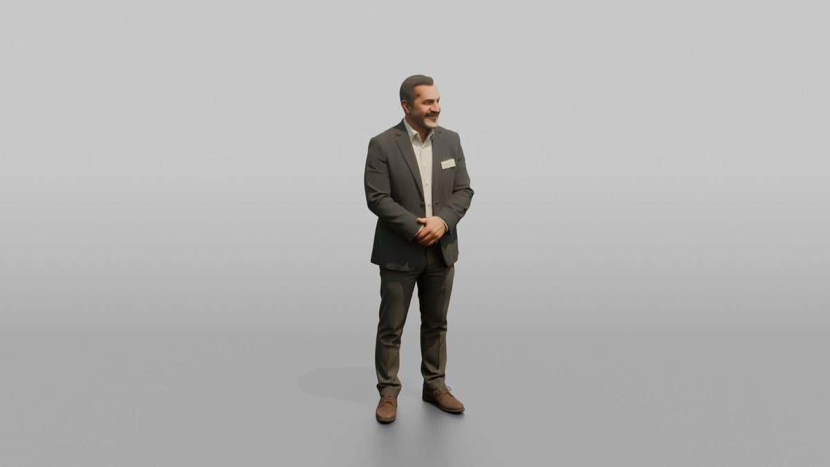 Host Man Standing With Hands Folded, Welcoming Posture - 3D character model