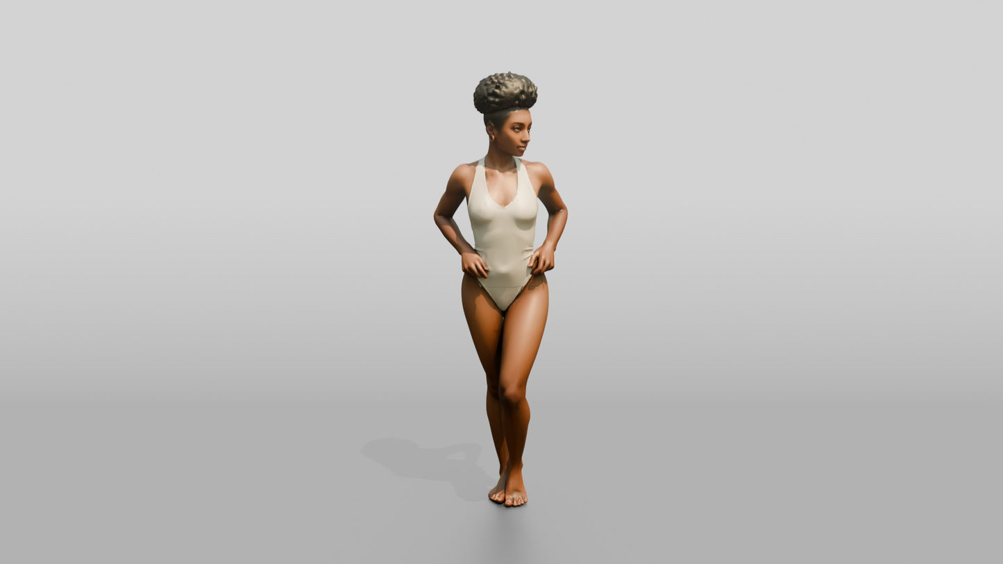 Black Woman in Ivory One-Piece Swimsuit Hand on Hip