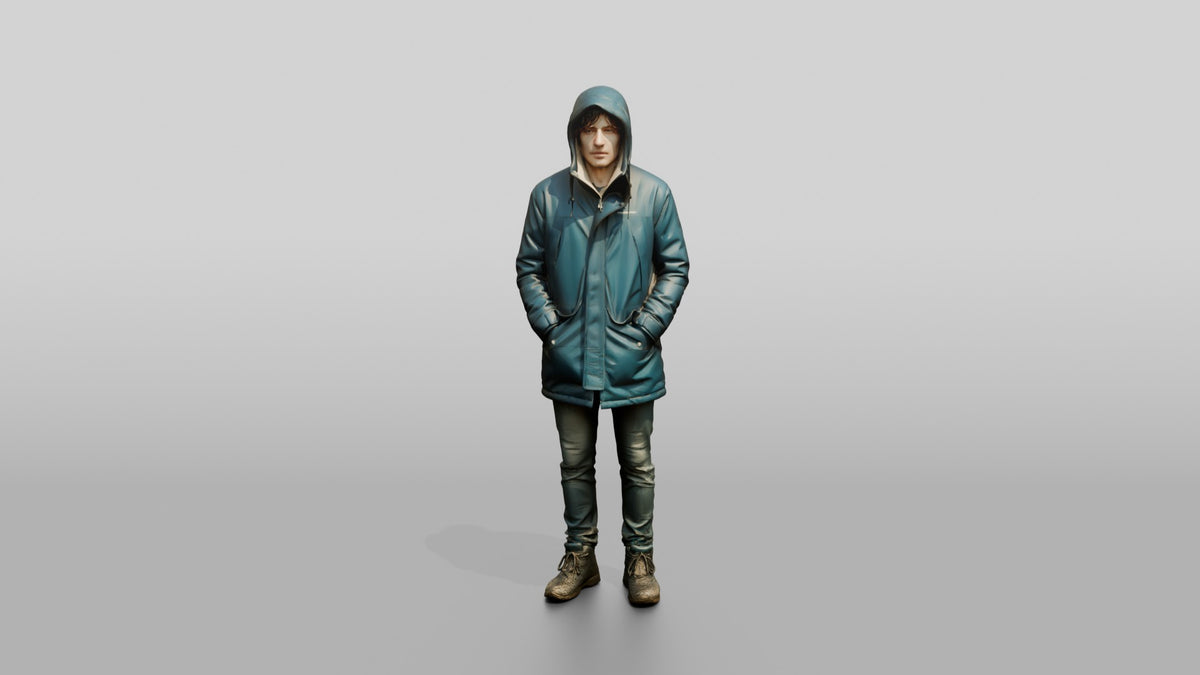 White Man Sheltering in Blue Parka - 3D character model, view 5