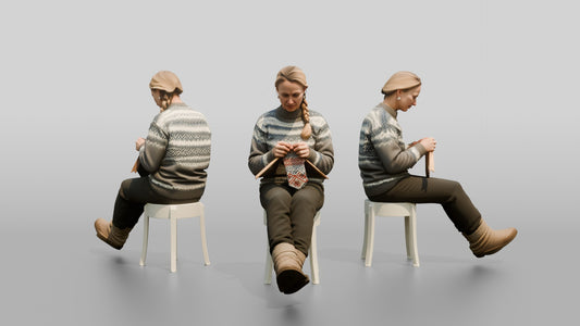 Norwegian Woman Knitting on a Snowy Bench