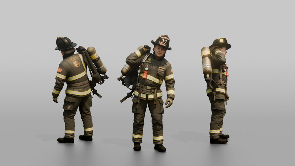 Firefighter Woman Slinging an SCBA Tank Harness Over One Shoulder