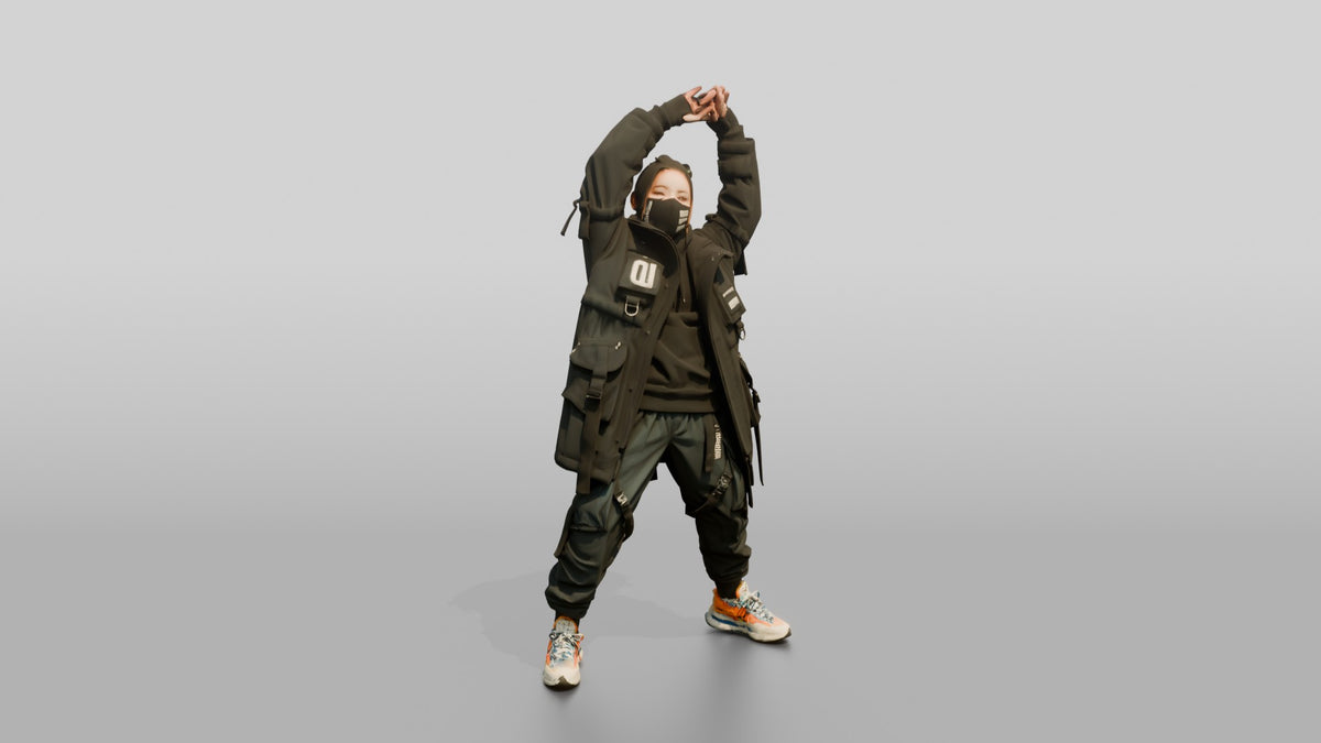 Techwear Woman Stretching Her Arms - 3D character model, view 1