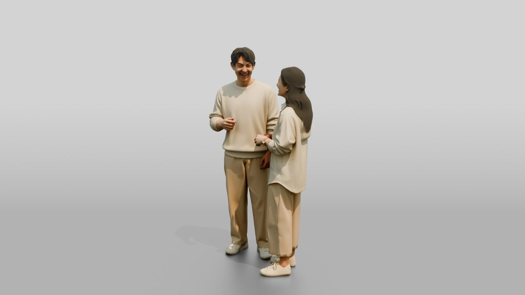 Laughing Couple in Coordinated Cream Outfits