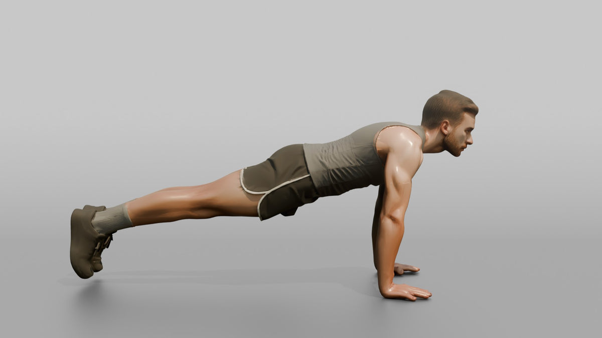 Fitness Influencer Man Mid Burpee, Hands On The Ground - 3D character model, view 2