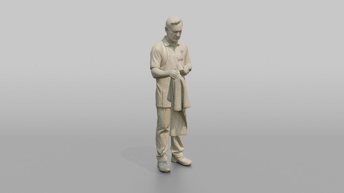 Man Cashier Scanning A Barcode On A Shirt With A Handheld Scanner - wireframe topology preview