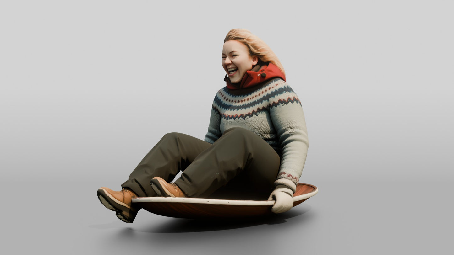 Norwegian Woman Sledding Down a Slope