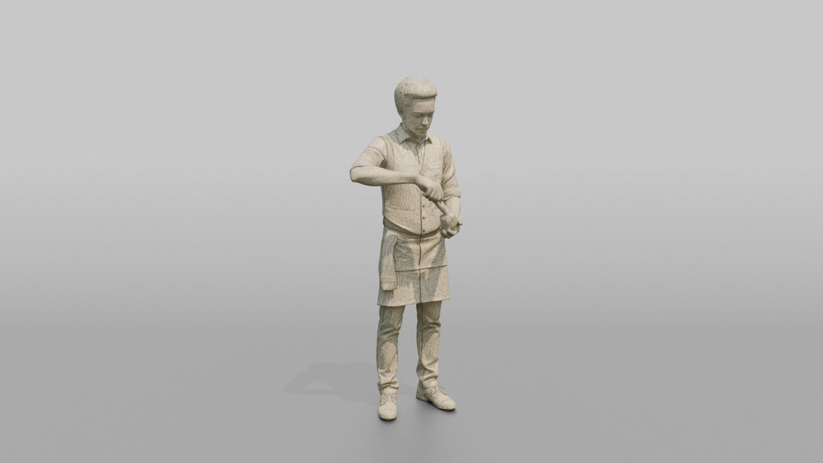 Bartender Man Holding A Muddler Over A Glass - wireframe topology preview