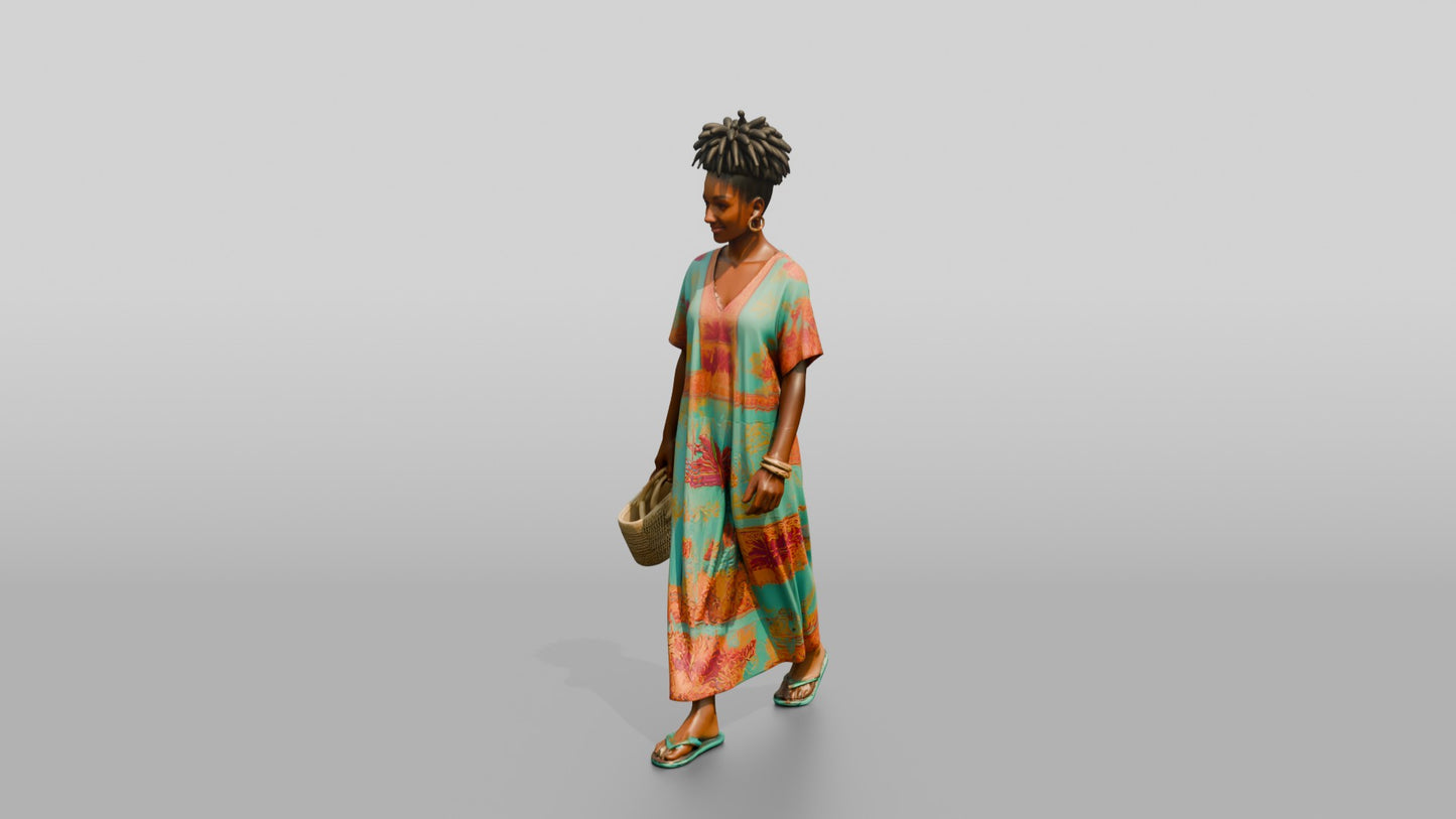 Afro-Latina Woman with Woven Shopping Bag