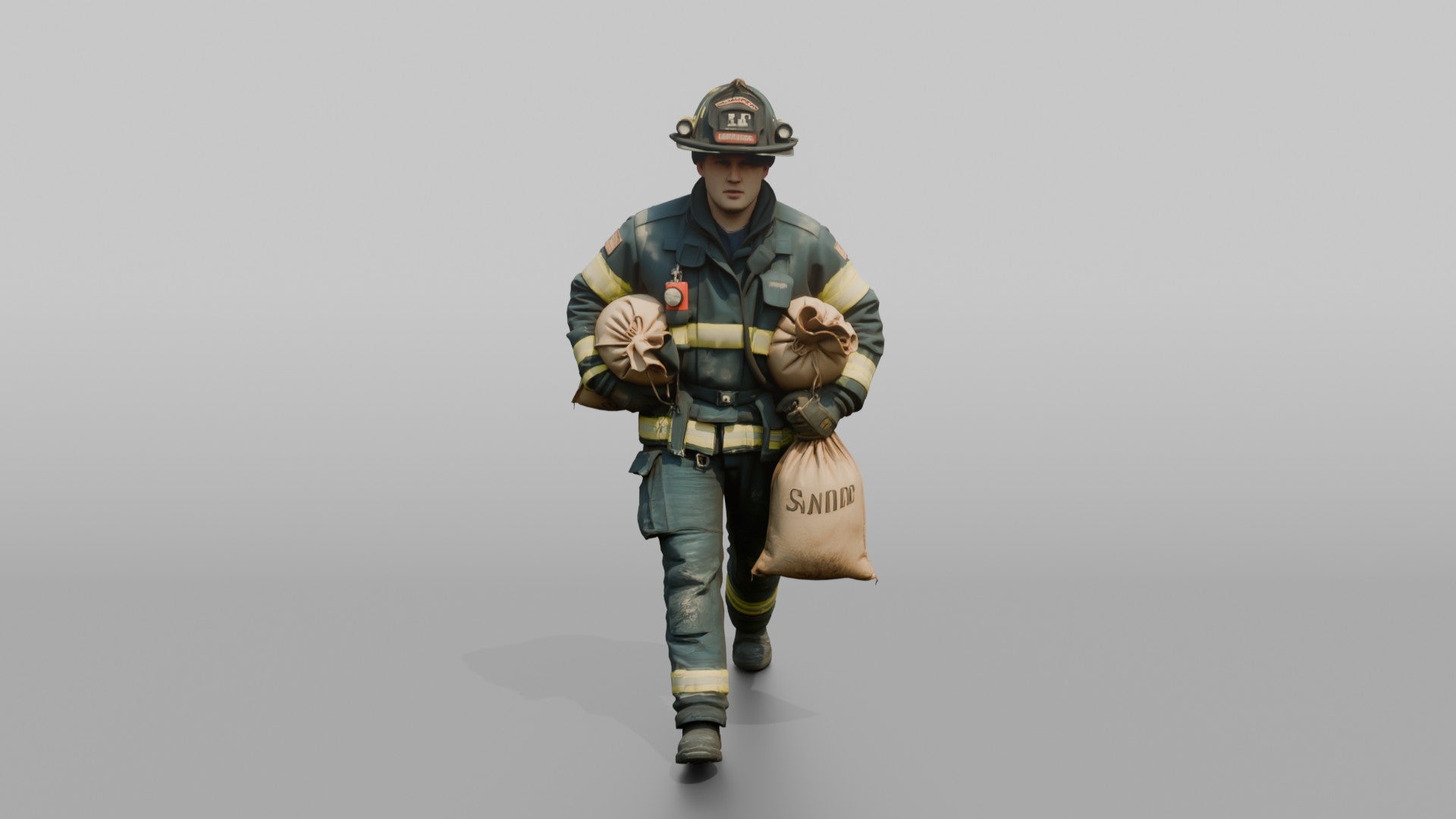 Firefighter Man Hauling a Sandbag Under Each Arm