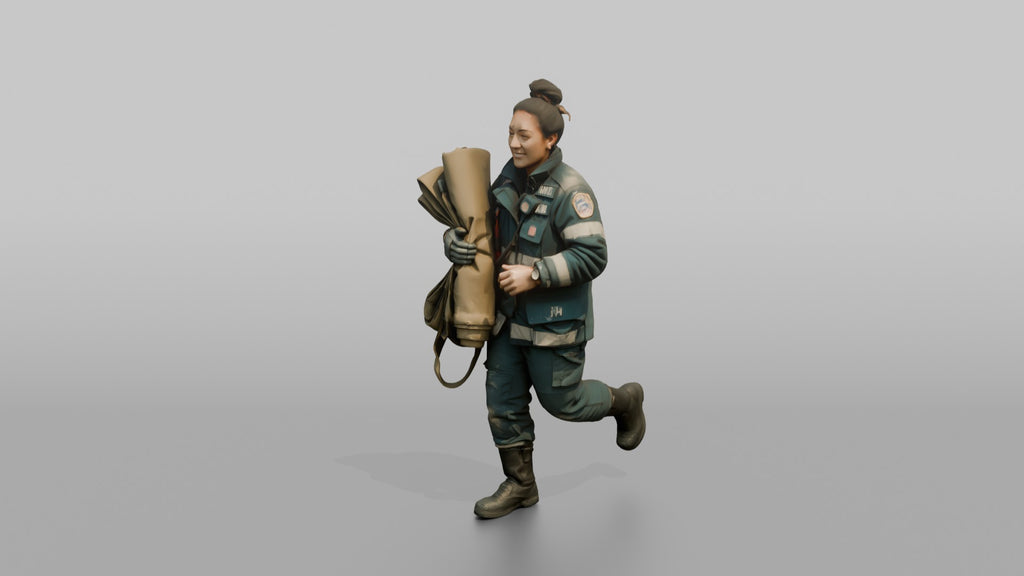 Firefighter Woman Jogging While Carrying a Salvage Cover Tarp