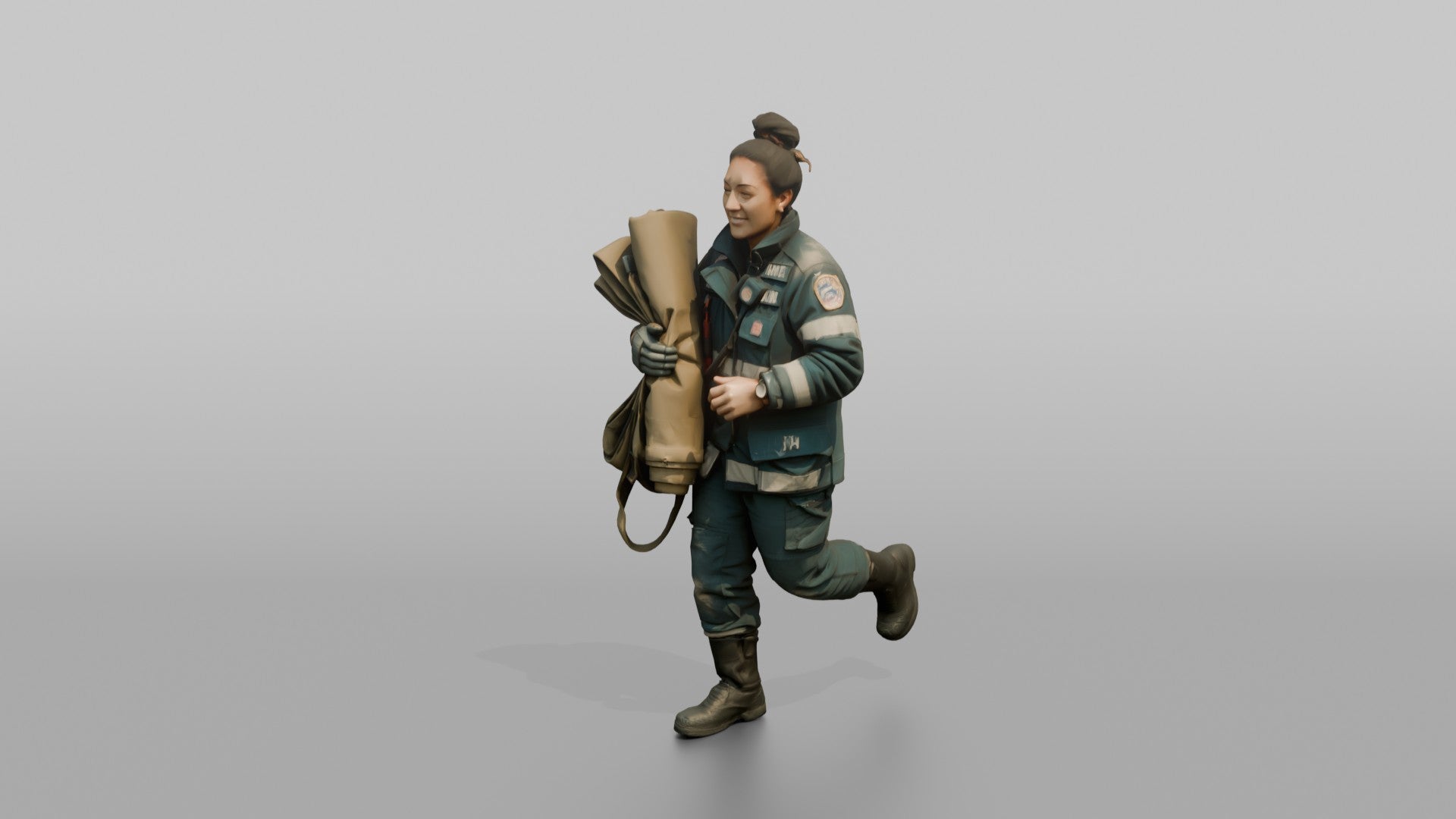 Firefighter Woman Jogging While Carrying a Salvage Cover Tarp