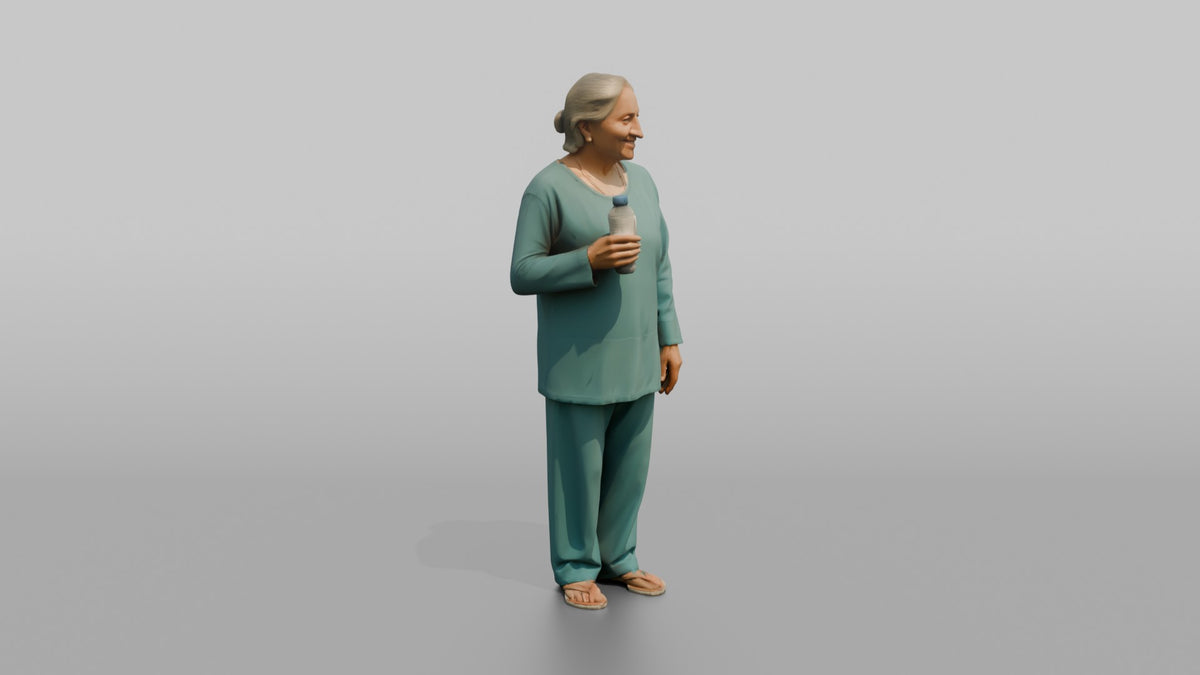 Spa Client Woman Standing Holding A Small Water Bottle, Post-treatment - 3D character model, view 2