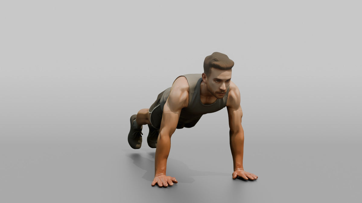 Fitness Influencer Man Mid Burpee, Hands On The Ground - 3D character model, view 5