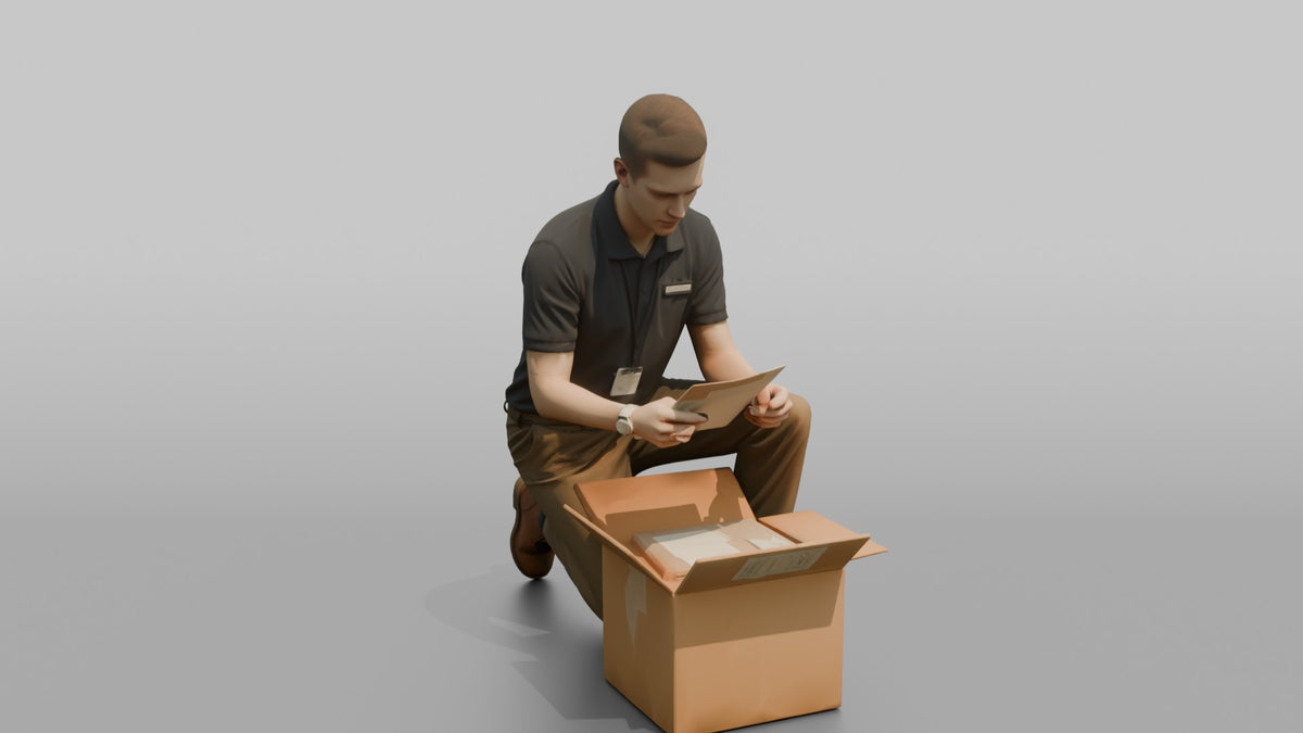 Man Stock Clerk Checking A Delivery Box Against A Packing Slip - 3D character model