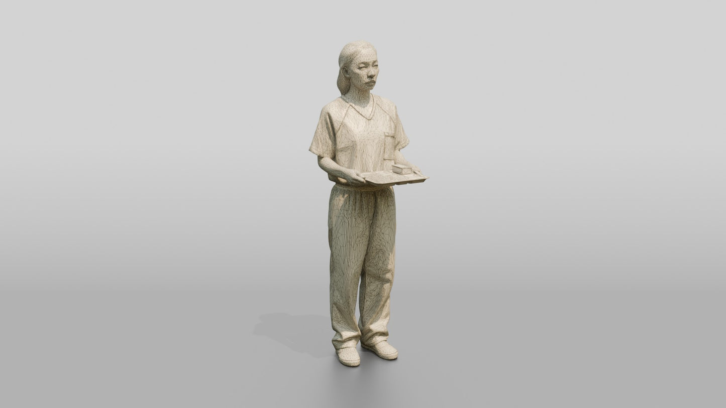 East Asian Female Prisoner in a Grey-white Striped Uniform