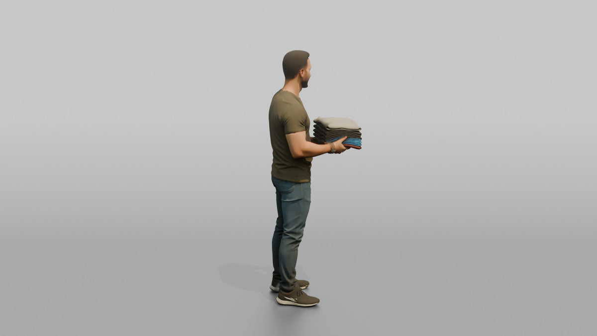 Man Customer Holding A Stack Of Folded T-shirts - 3D character model, view 3