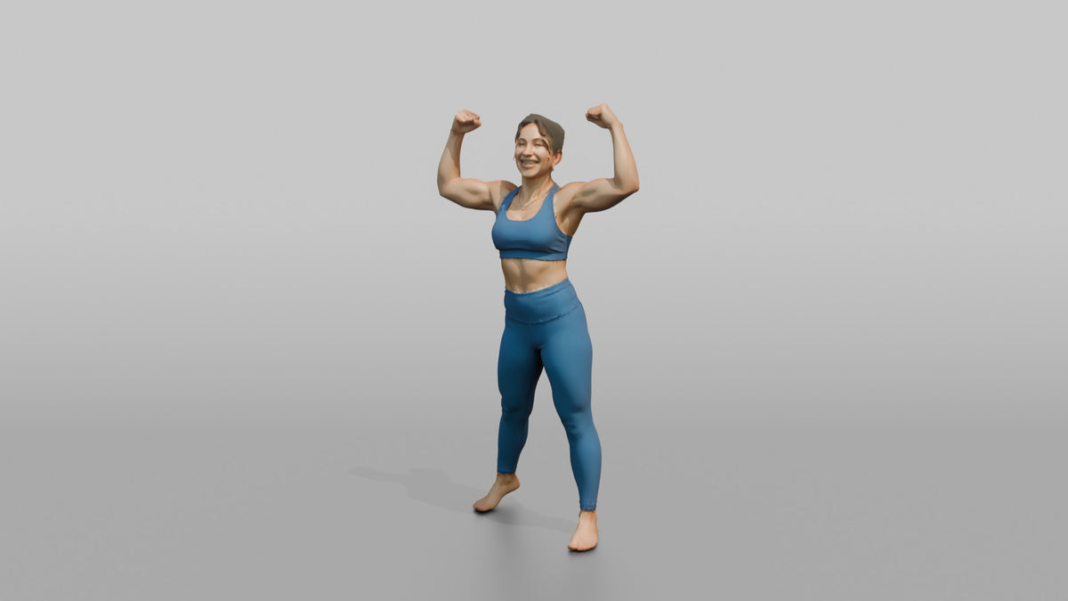 Physique Model Woman Flexing Both Arms Overhead In A Victory Pose - 3D character model, view 4