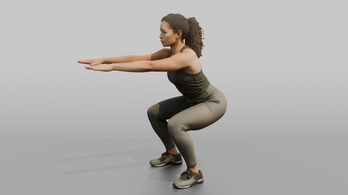 Bodyweight Athlete Woman Doing A Bodyweight Squat, Arms Extended Forward - 3D character model, view 4