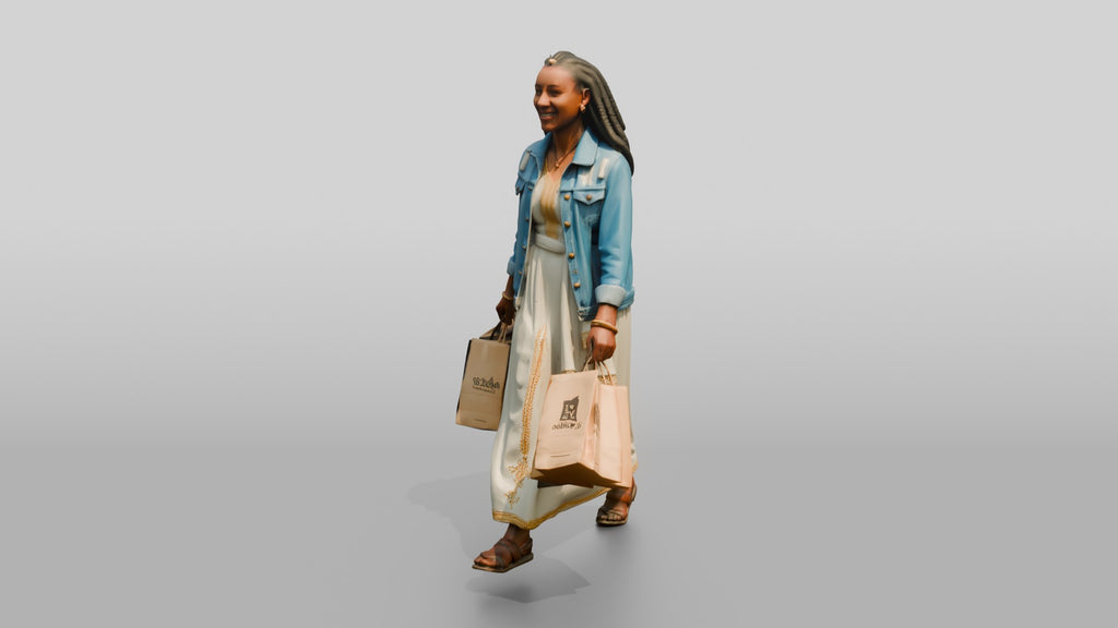 Slender African Woman in Denim Jacket Carrying Shopping Bags