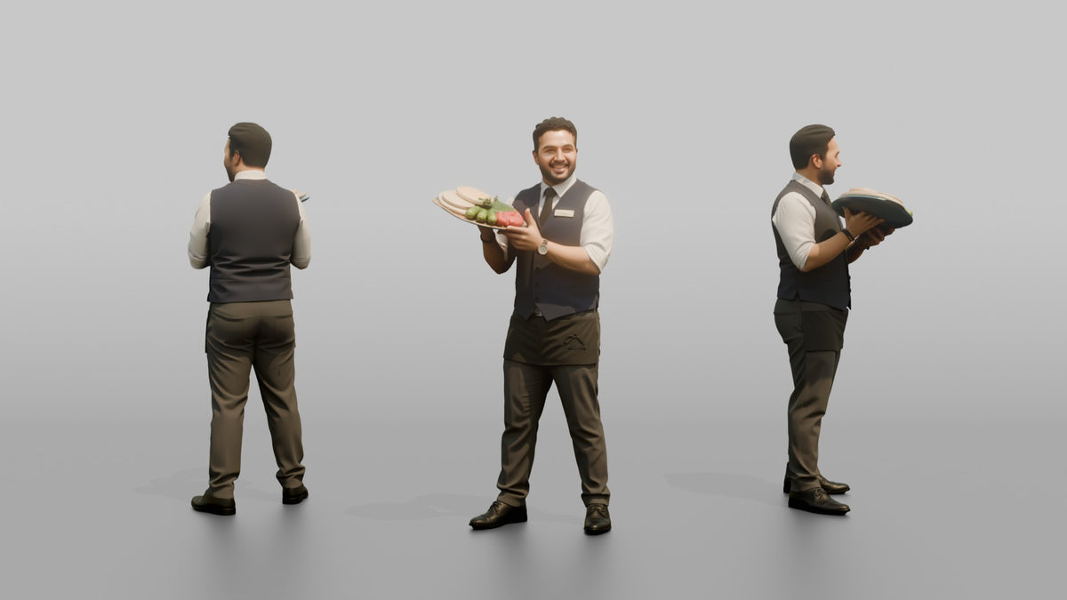 Server Man Carrying A Tray Of Appetizers - 3D character model, view 1