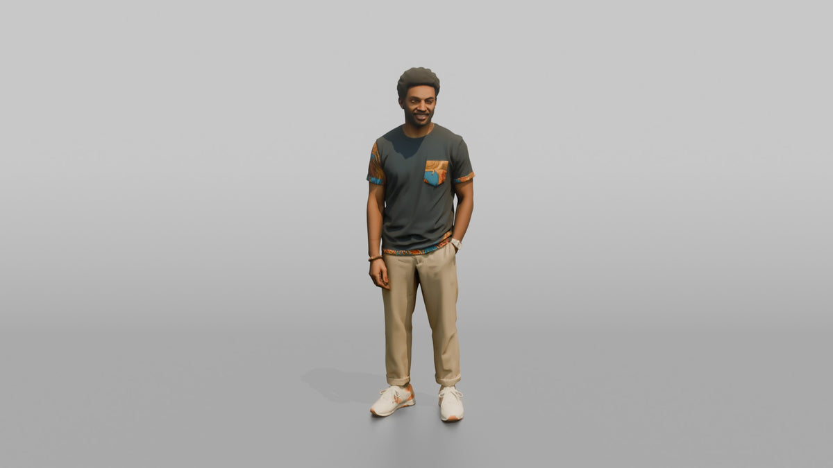 African Man in Ankara Print T-Shirt and Khakis - 3D character model, view 5