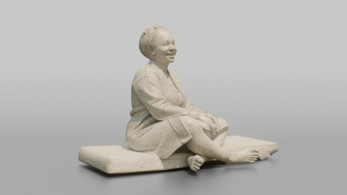 Spa Client Woman Sitting On A Daybed, Legs Crossed, Holding A Small Pillow - wireframe topology preview