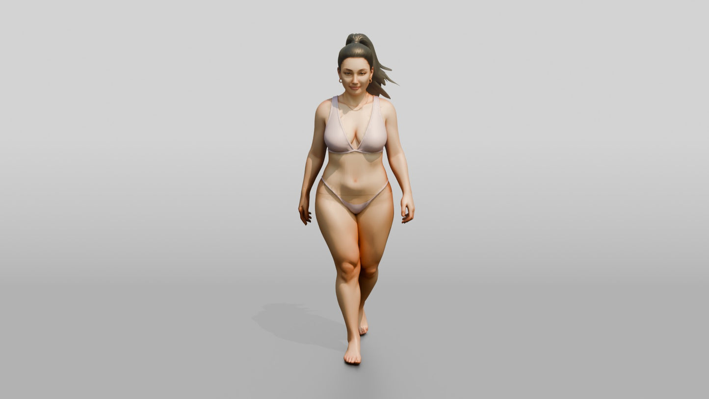 Curvy Woman in Lilac Two-Piece Swimsuit Walking