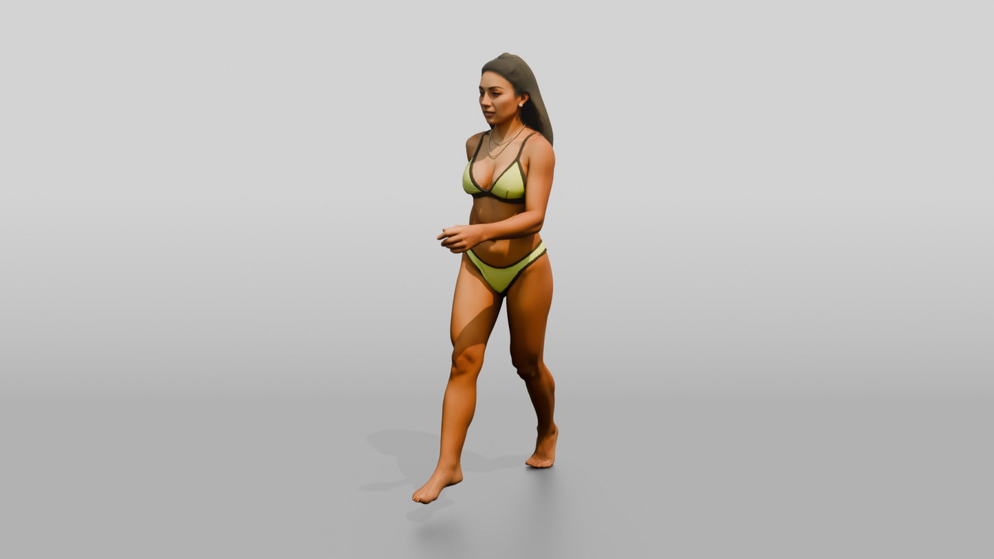 Latina Woman in Neon Yellow Bikini Beach Stride