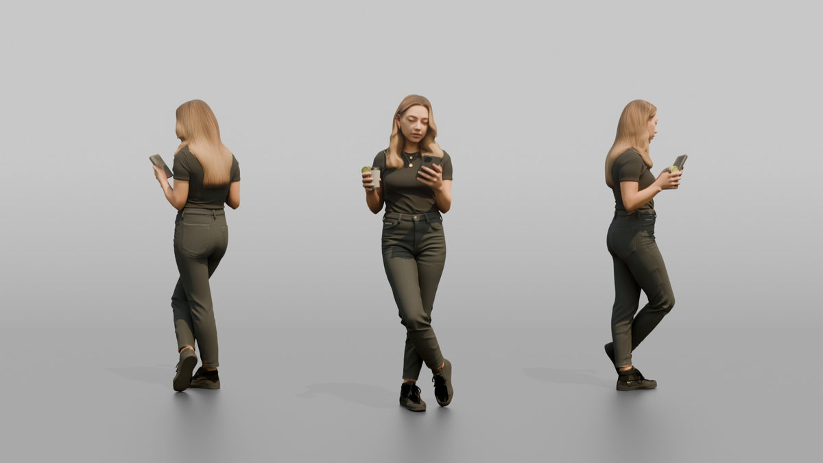 Patron Woman Standing Checking A Phone, Drink In The Other Hand - 3D character model, view 1