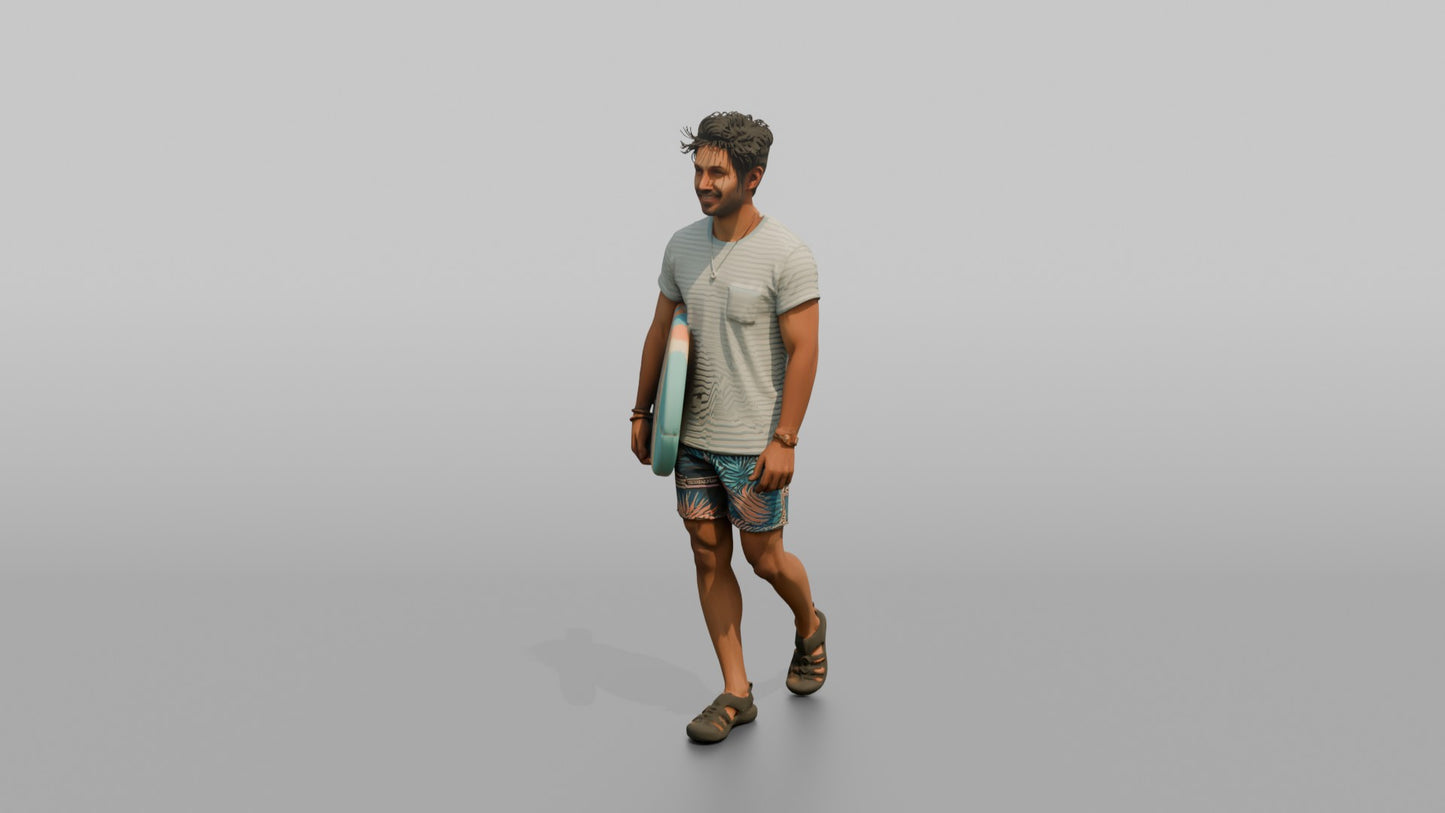 Vacationer Wearing Striped Summer Tee And Swim Trunks