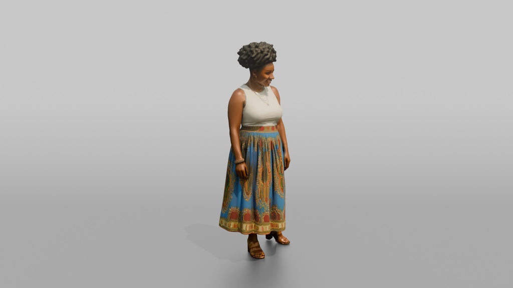 African Woman in Dashiki Print Skirt and White Top