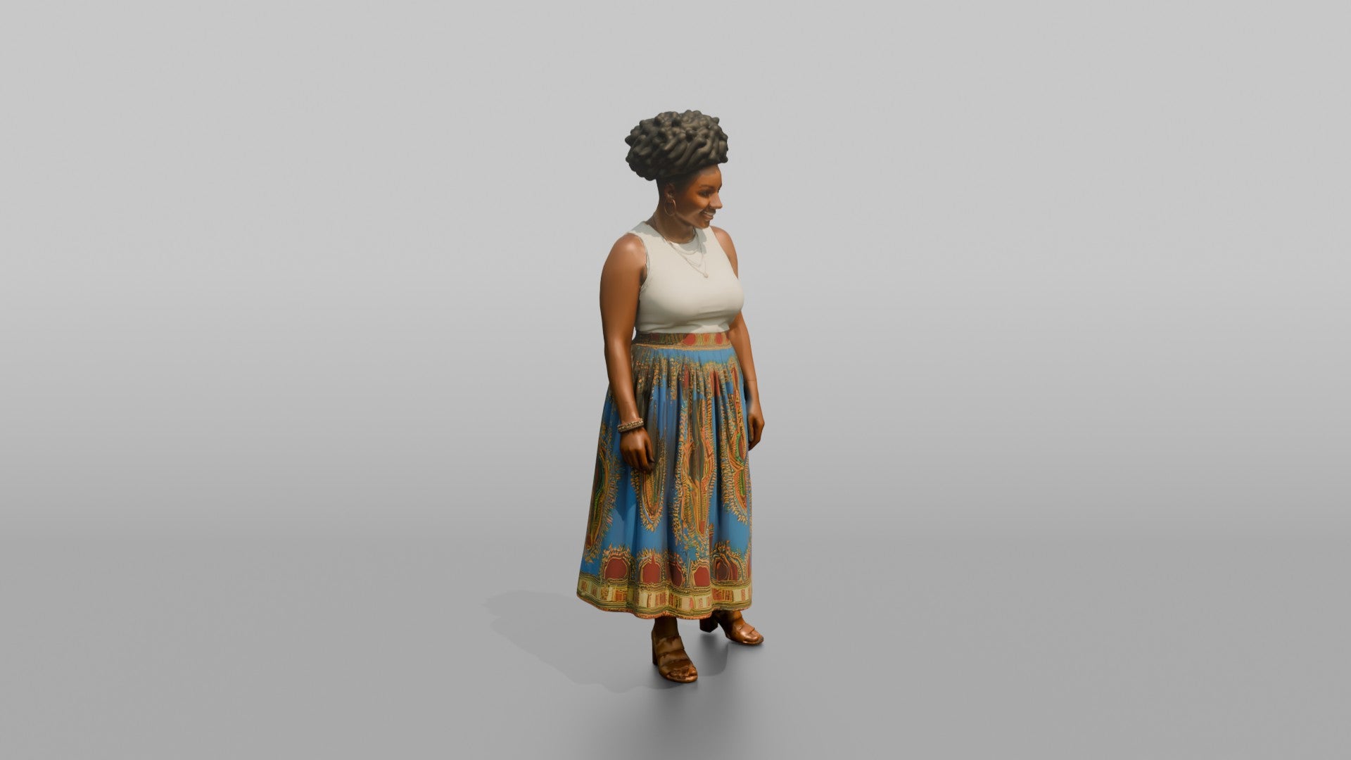 African Woman in Dashiki Print Skirt and White Top